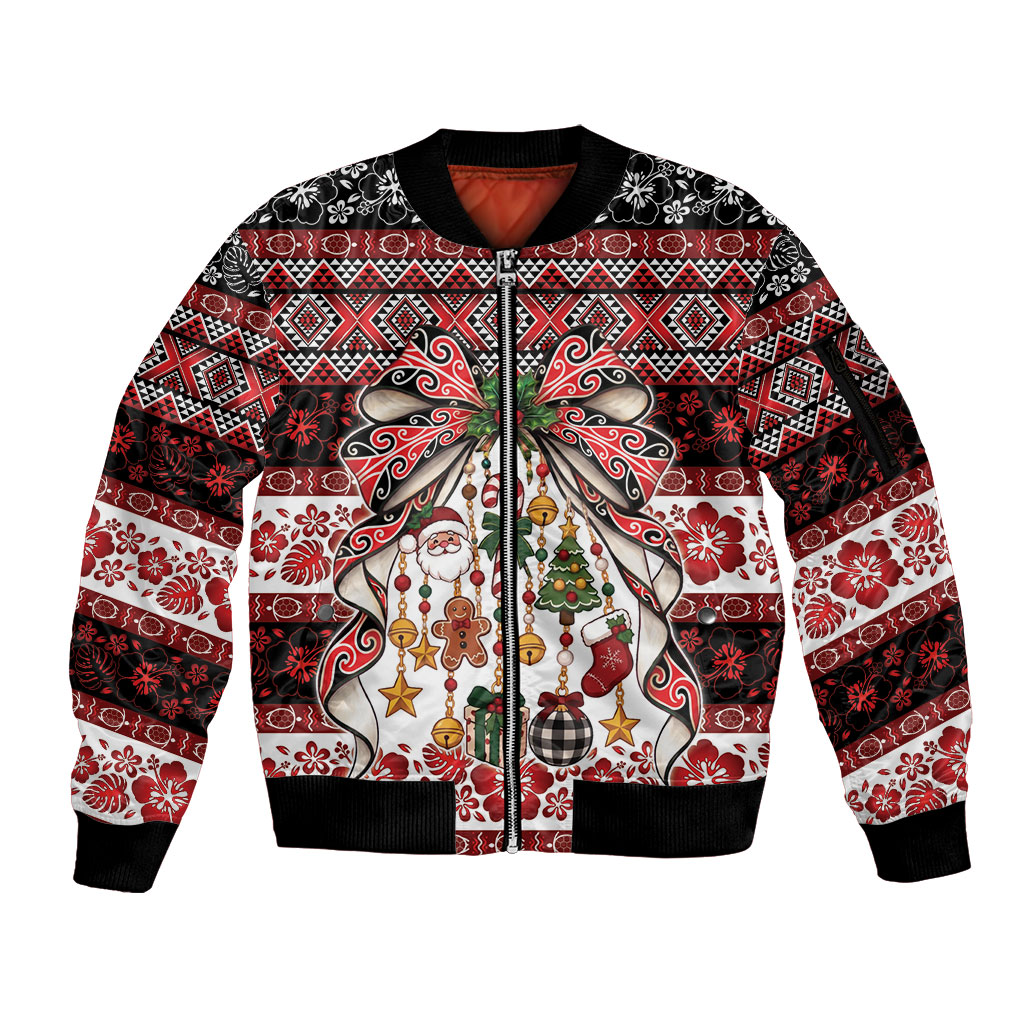 New Zealand Kowhaiwhai Taniko Christmas Bow Sleeve Zip Bomber Jacket Meri Kirihimete