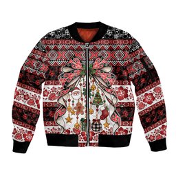 New Zealand Kowhaiwhai Taniko Christmas Bow Sleeve Zip Bomber Jacket Meri Kirihimete