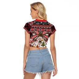 New Zealand Kowhaiwhai Taniko Christmas Bow Raglan Cropped T Shirt Meri Kirihimete