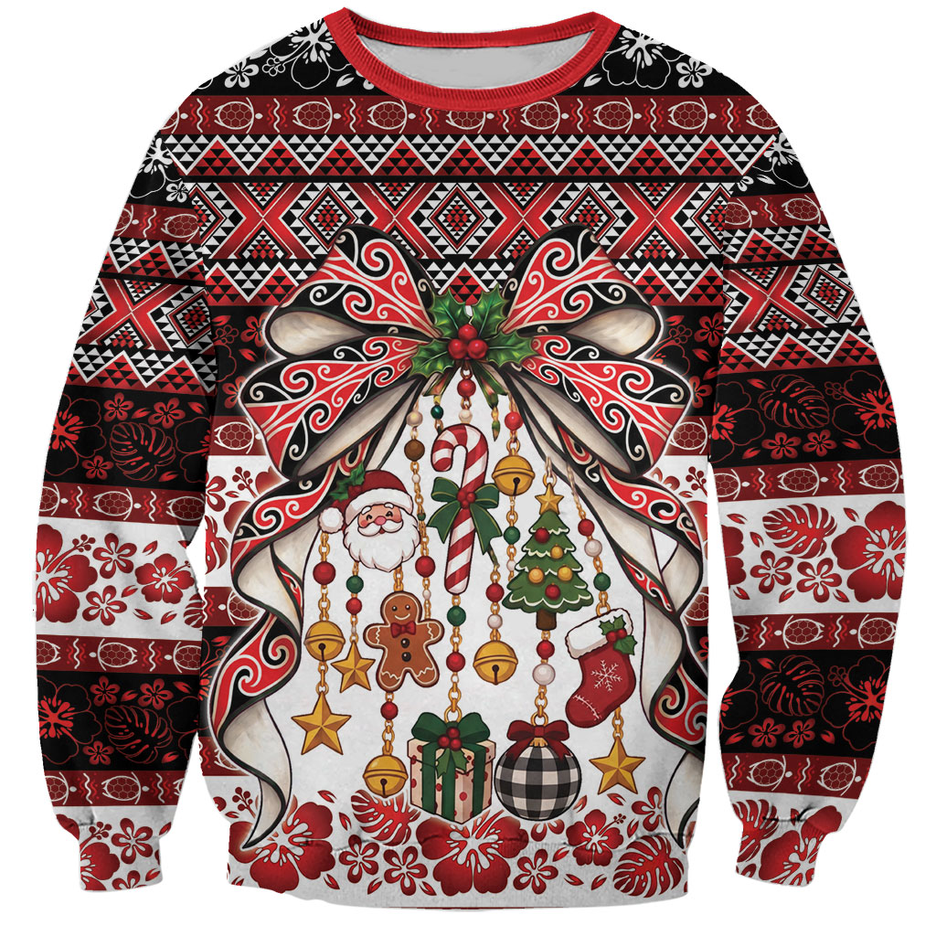 New Zealand Kowhaiwhai Taniko Christmas Bow Sweatshirt Meri Kirihimete
