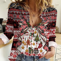 New Zealand Kowhaiwhai Taniko Christmas Bow Women Casual Shirt Meri Kirihimete