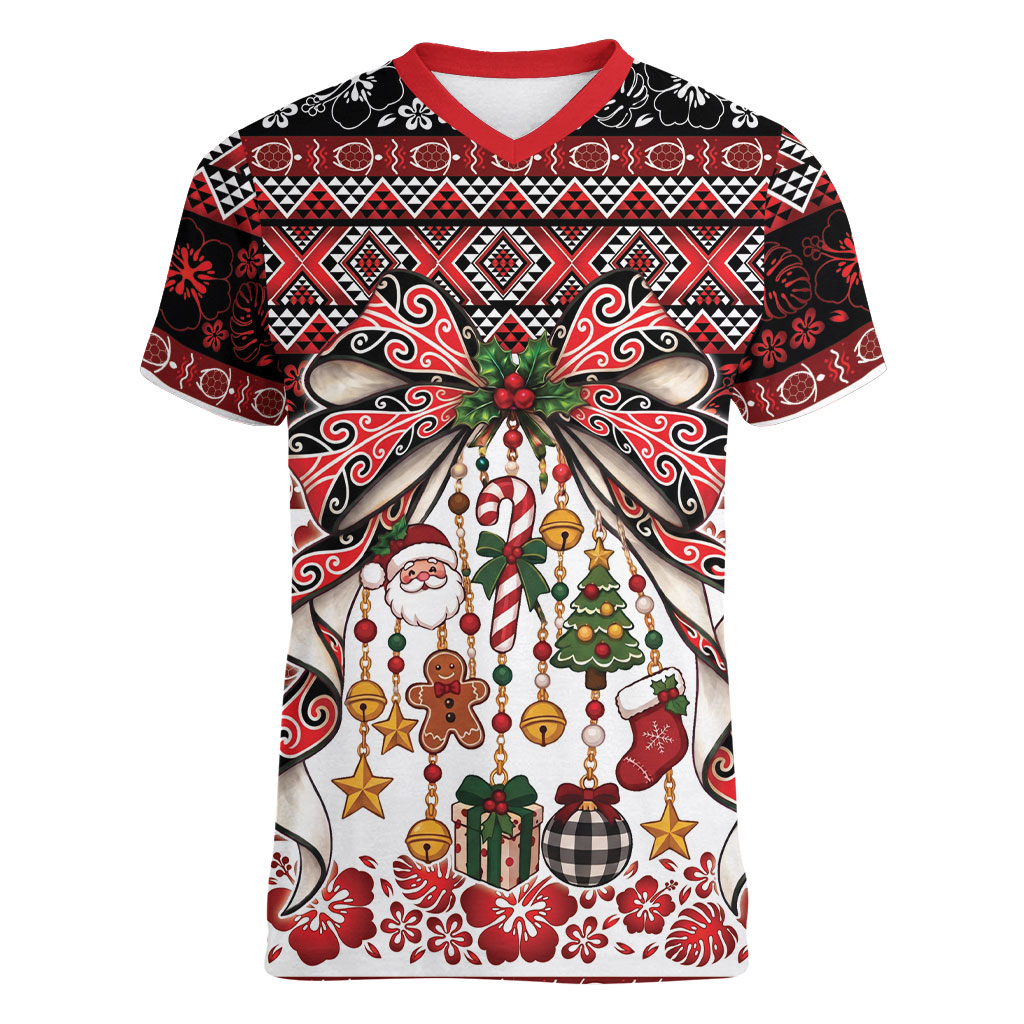 New Zealand Kowhaiwhai Taniko Christmas Bow Women V-Neck T-Shirt Meri Kirihimete