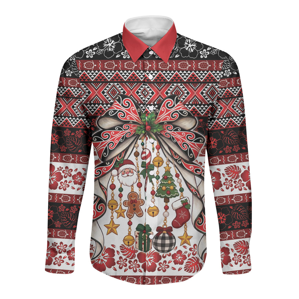 New Zealand Kowhaiwhai Taniko Christmas Bow Long Sleeve Button Shirt Meri Kirihimete