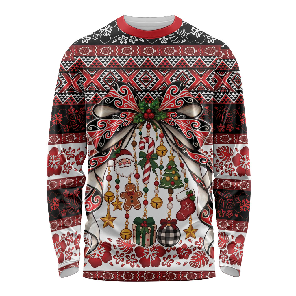 New Zealand Kowhaiwhai Taniko Christmas Bow Long Sleeve Shirt Meri Kirihimete