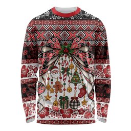 New Zealand Kowhaiwhai Taniko Christmas Bow Long Sleeve Shirt Meri Kirihimete
