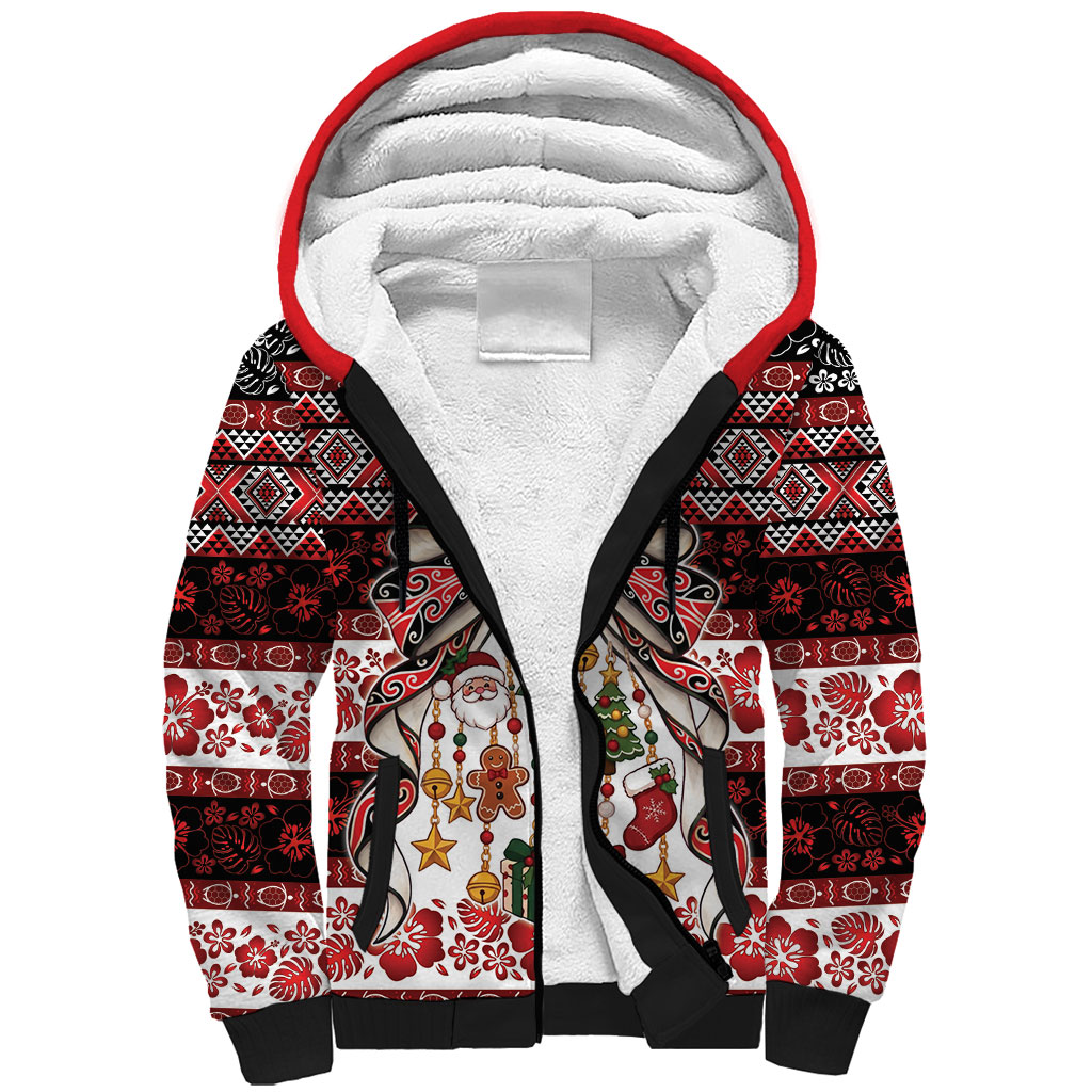 New Zealand Kowhaiwhai Taniko Christmas Bow Sherpa Hoodie Meri Kirihimete