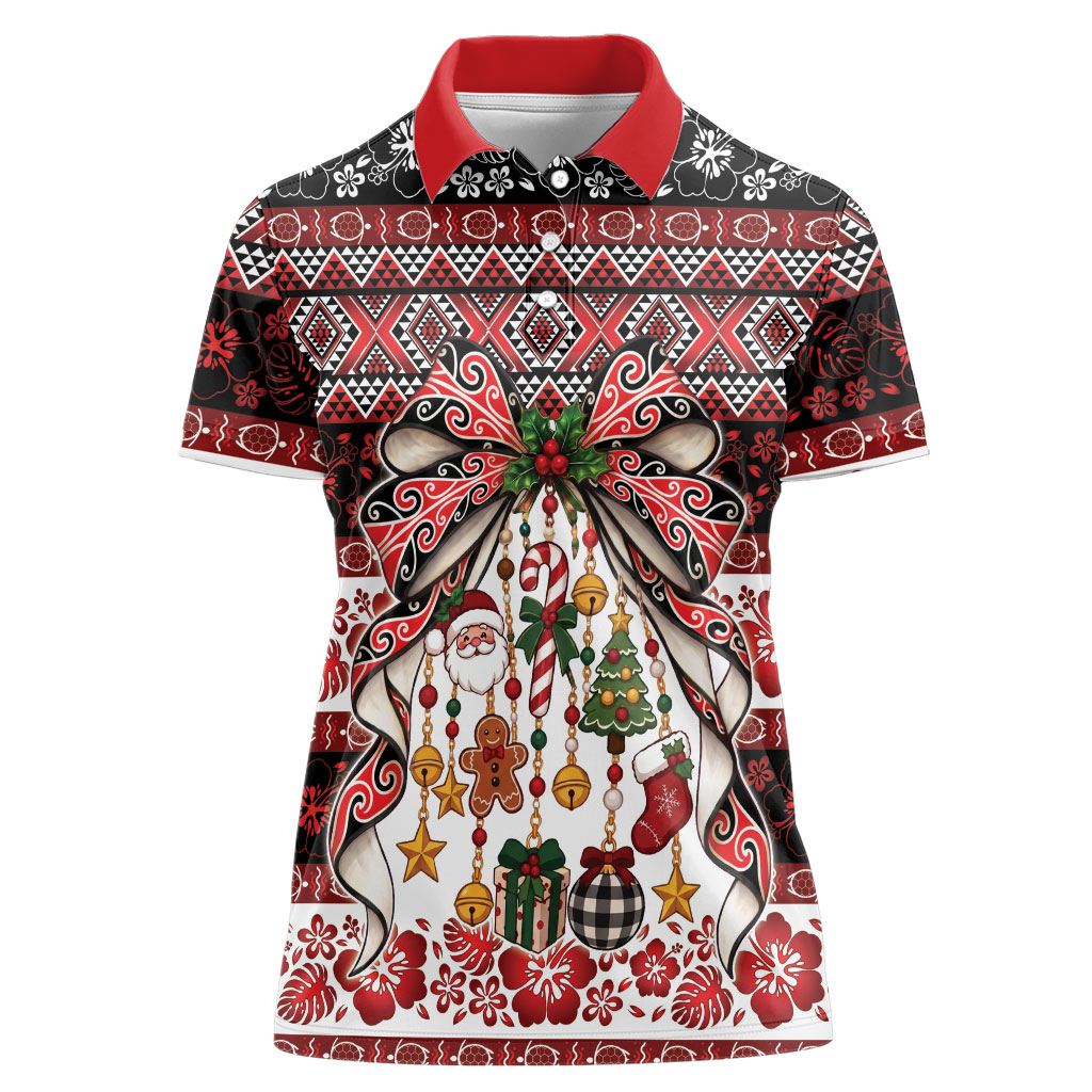 New Zealand Kowhaiwhai Taniko Christmas Bow Women Polo Shirt Meri Kirihimete
