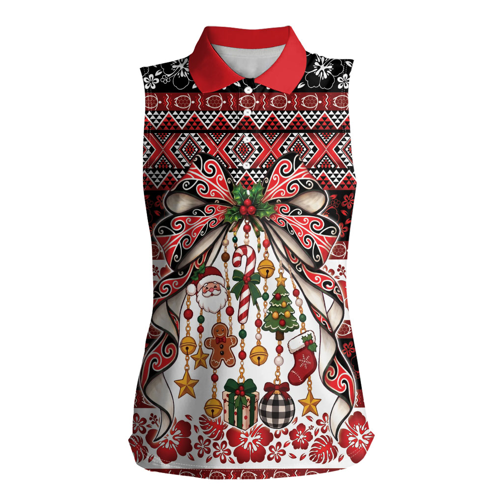 New Zealand Kowhaiwhai Taniko Christmas Bow Women Sleeveless Polo Shirt Meri Kirihimete