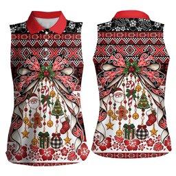 New Zealand Kowhaiwhai Taniko Christmas Bow Women Sleeveless Polo Shirt Meri Kirihimete