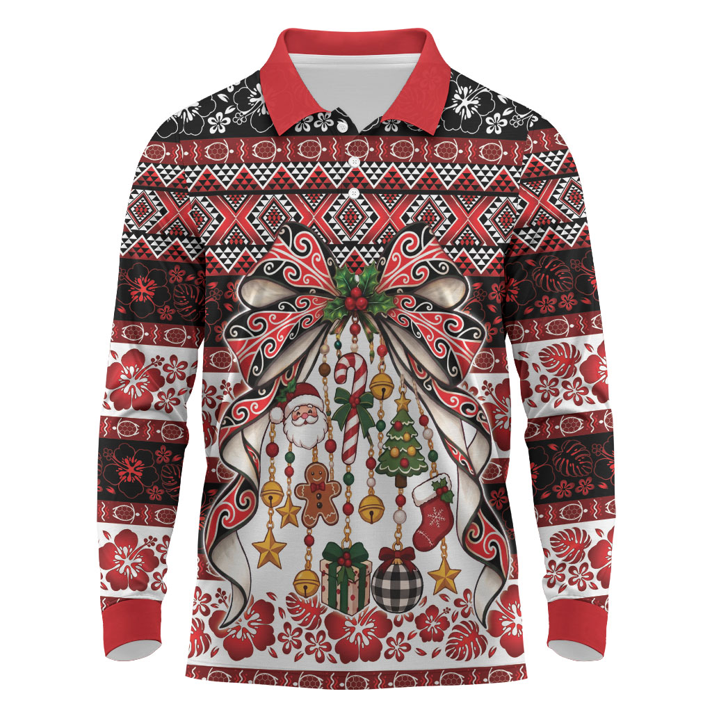 New Zealand Kowhaiwhai Taniko Christmas Bow Long Sleeve Polo Shirt Meri Kirihimete