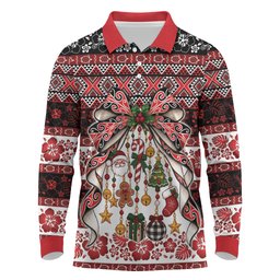 New Zealand Kowhaiwhai Taniko Christmas Bow Long Sleeve Polo Shirt Meri Kirihimete