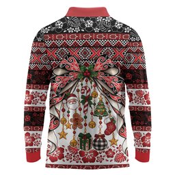 New Zealand Kowhaiwhai Taniko Christmas Bow Long Sleeve Polo Shirt Meri Kirihimete