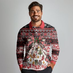 New Zealand Kowhaiwhai Taniko Christmas Bow Long Sleeve Polo Shirt Meri Kirihimete