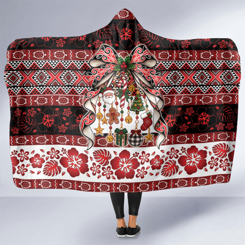 New Zealand Kowhaiwhai Taniko Christmas Bow Hooded Blanket Meri Kirihimete