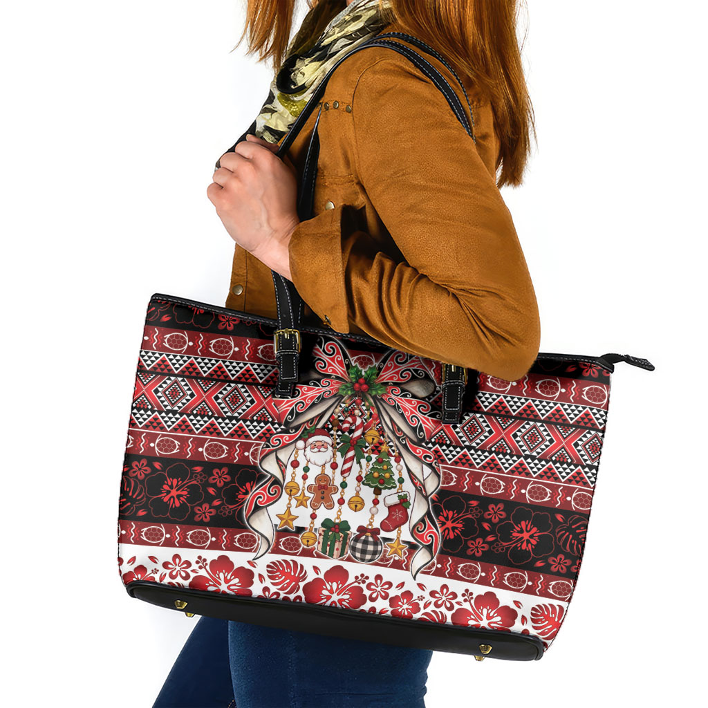 New Zealand Kowhaiwhai Taniko Christmas Bow Leather Tote Bag Meri Kirihimete