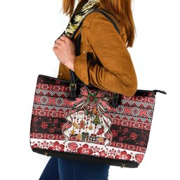 New Zealand Kowhaiwhai Taniko Christmas Bow Leather Tote Bag Meri Kirihimete