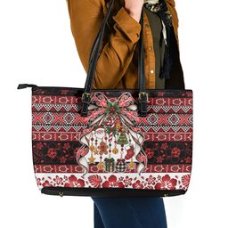 New Zealand Kowhaiwhai Taniko Christmas Bow Leather Tote Bag Meri Kirihimete