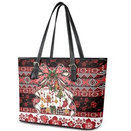 New Zealand Kowhaiwhai Taniko Christmas Bow Leather Tote Bag Meri Kirihimete