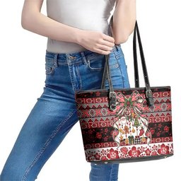 New Zealand Kowhaiwhai Taniko Christmas Bow Leather Tote Bag Meri Kirihimete