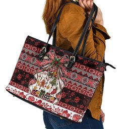 New Zealand Kowhaiwhai Taniko Christmas Bow Leather Tote Bag Meri Kirihimete