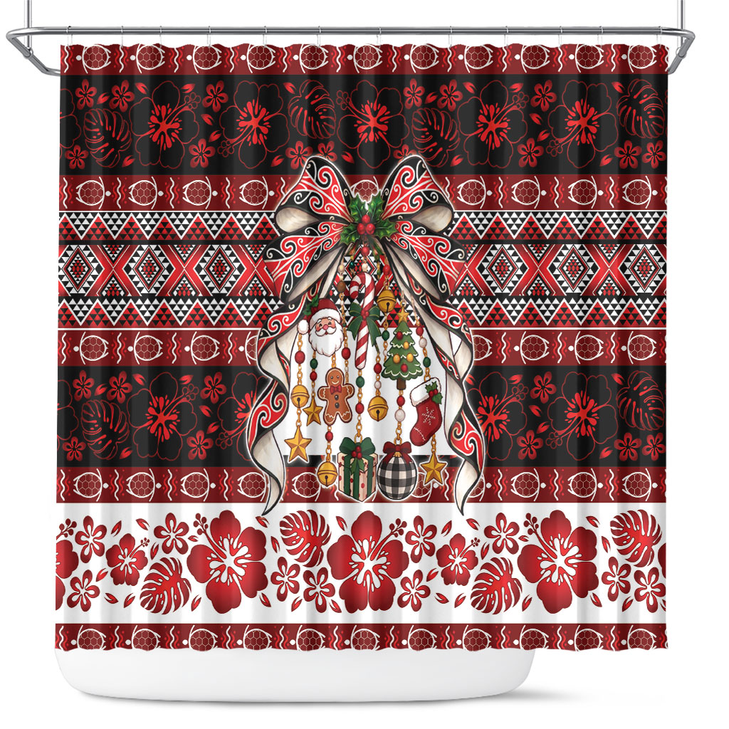 New Zealand Kowhaiwhai Taniko Christmas Bow Shower Curtain Meri Kirihimete