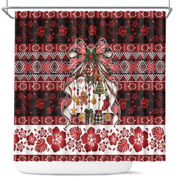 New Zealand Kowhaiwhai Taniko Christmas Bow Shower Curtain Meri Kirihimete