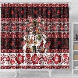 New Zealand Kowhaiwhai Taniko Christmas Bow Shower Curtain Meri Kirihimete