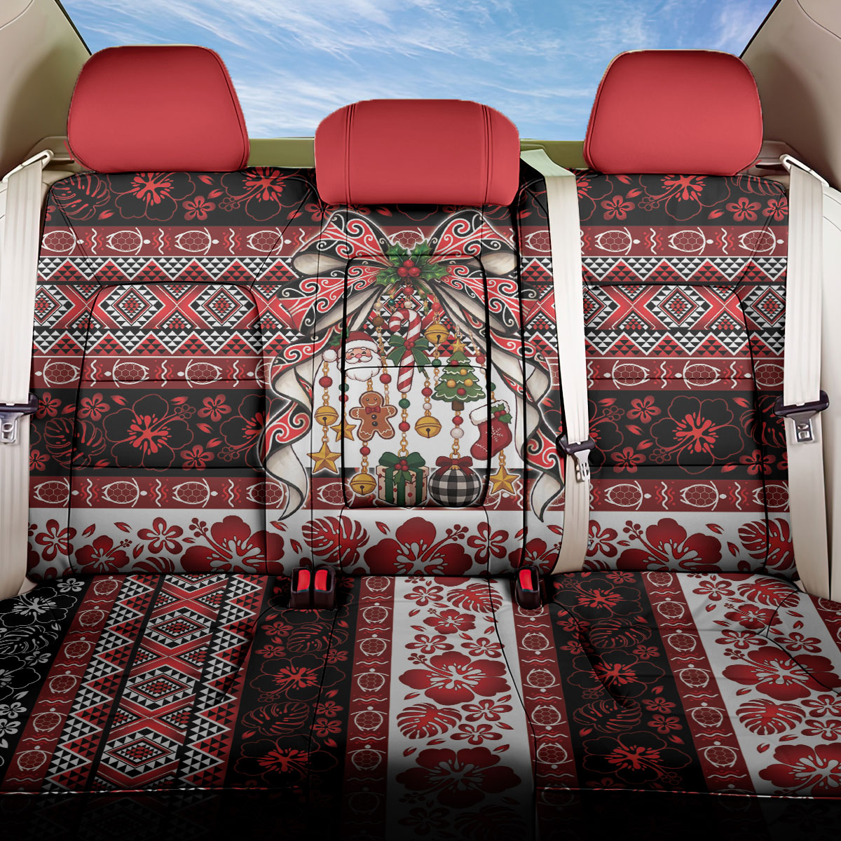 New Zealand Kowhaiwhai Taniko Christmas Bow Back Car Seat Cover Meri Kirihimete