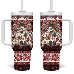 New Zealand Kowhaiwhai Taniko Christmas Bow Tumbler With Handle Meri Kirihimete