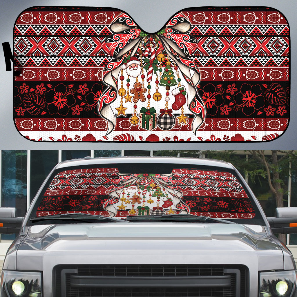 New Zealand Kowhaiwhai Taniko Christmas Bow Auto Sun Shade Meri Kirihimete