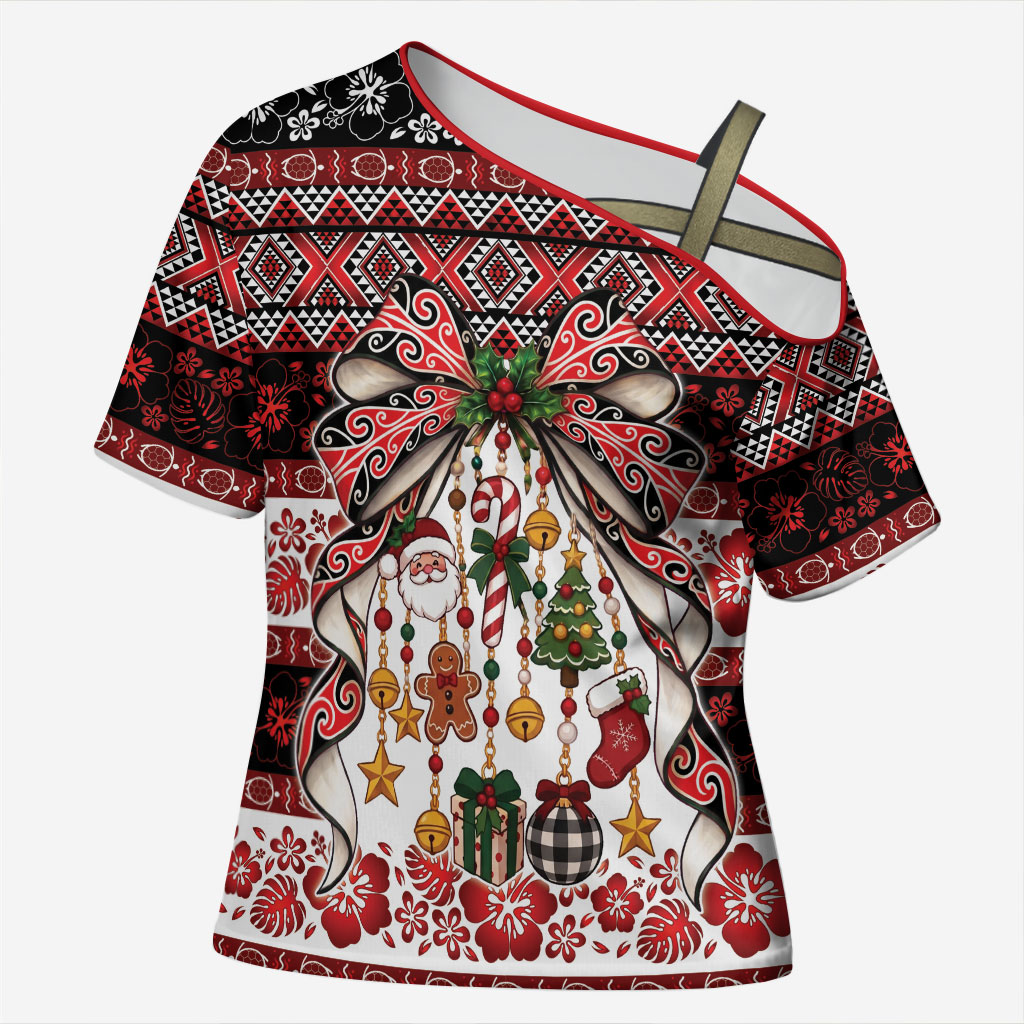New Zealand Kowhaiwhai Taniko Christmas Bow Cross Shoulder Shirt Meri Kirihimete
