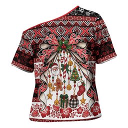 New Zealand Kowhaiwhai Taniko Christmas Bow Cross Shoulder Shirt Meri Kirihimete