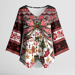 New Zealand Kowhaiwhai Taniko Christmas Bow Kimono Sleeve Blouse Meri Kirihimete