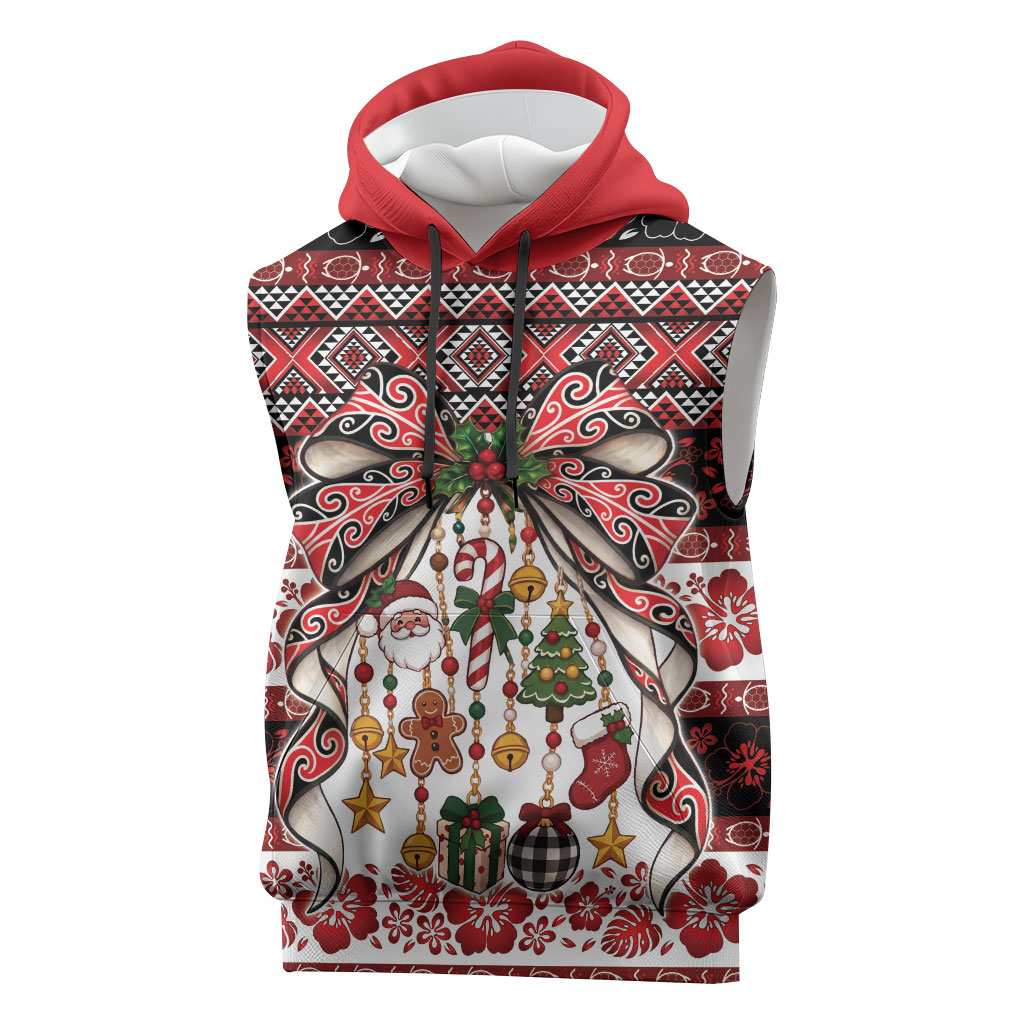 New Zealand Kowhaiwhai Taniko Christmas Bow Sleeveless Hoodie Meri Kirihimete