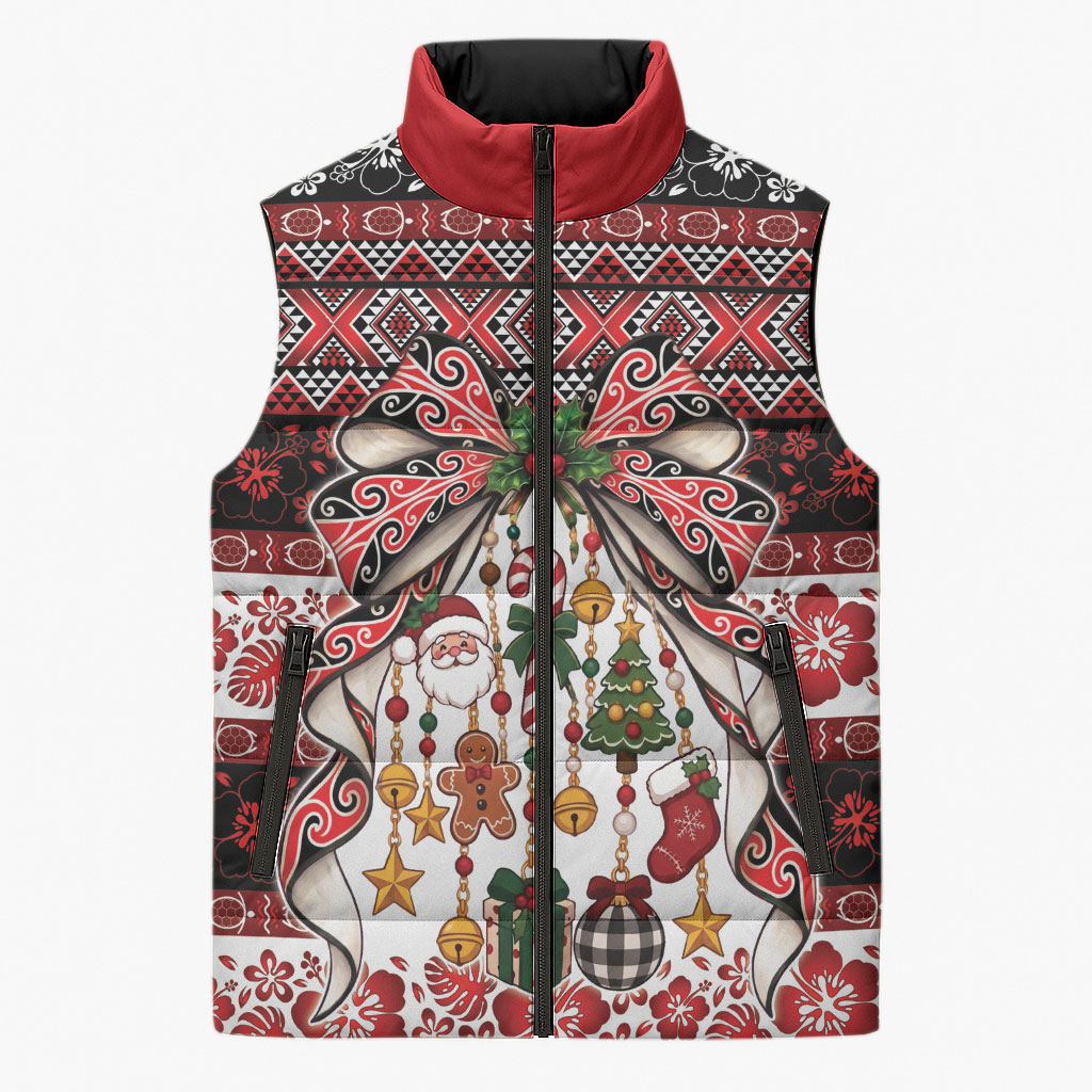 New Zealand Kowhaiwhai Taniko Christmas Bow Sleeveless Puffer Jacket Meri Kirihimete