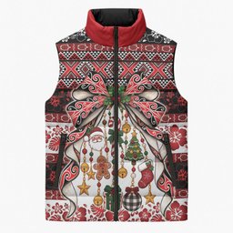 New Zealand Kowhaiwhai Taniko Christmas Bow Sleeveless Puffer Jacket Meri Kirihimete