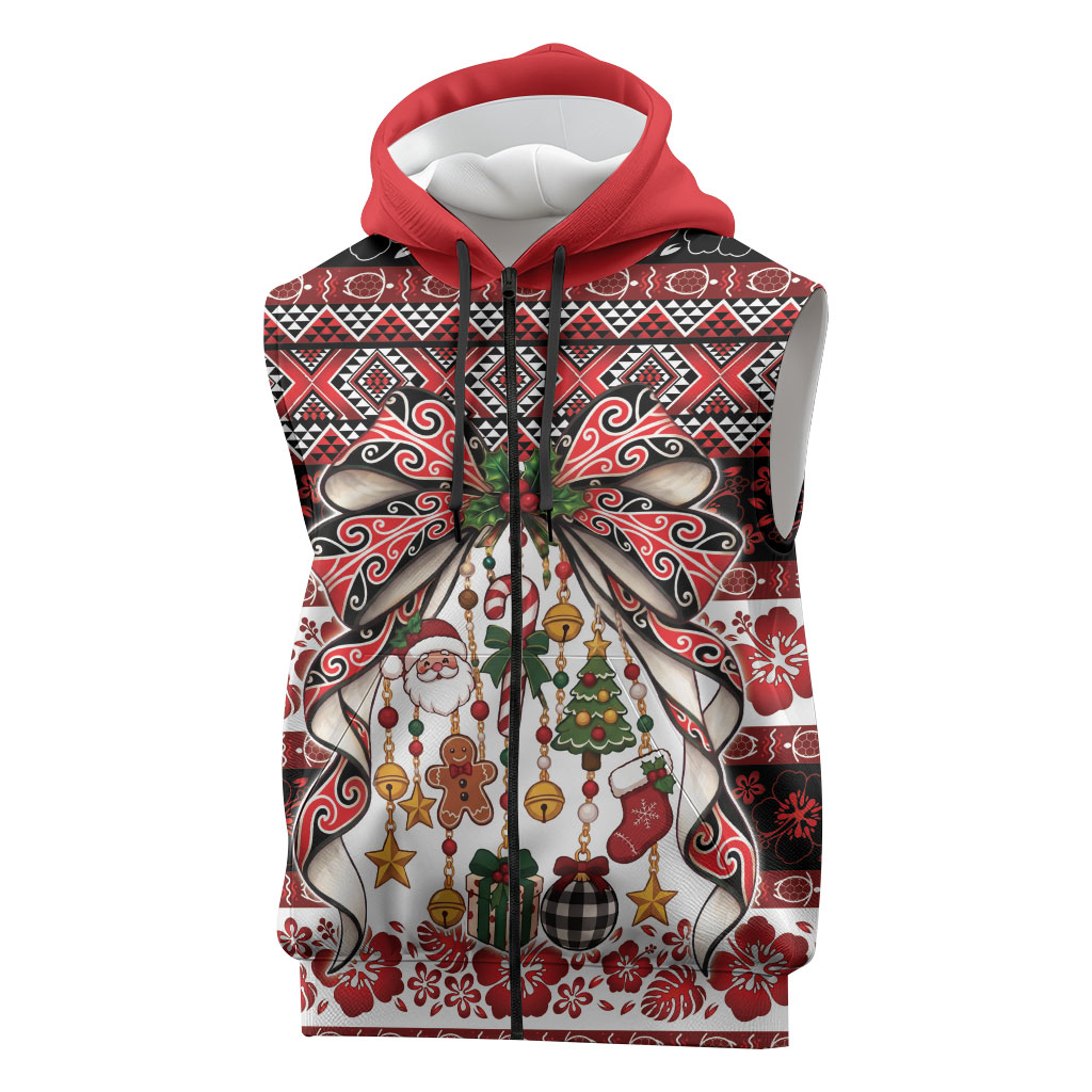 New Zealand Kowhaiwhai Taniko Christmas Bow Sleeveless Zip Hoodie Meri Kirihimete