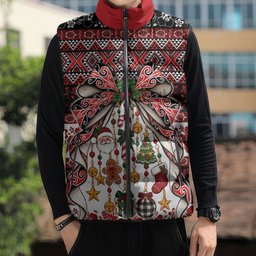 New Zealand Kowhaiwhai Taniko Christmas Bow Sleeveless Puffer Jacket Meri Kirihimete