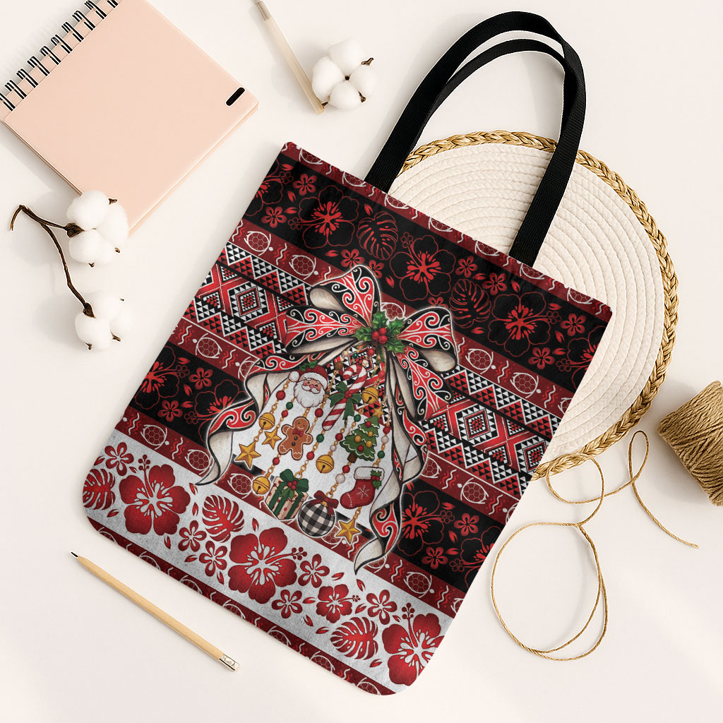 New Zealand Kowhaiwhai Taniko Christmas Bow Tote Bag Meri Kirihimete
