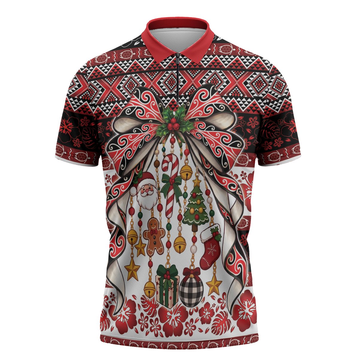 New Zealand Kowhaiwhai Taniko Christmas Bow Zipper Polo Shirt Meri Kirihimete