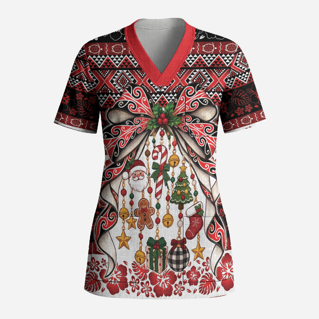 New Zealand Kowhaiwhai Taniko Christmas Bow Scrub Top Meri Kirihimete
