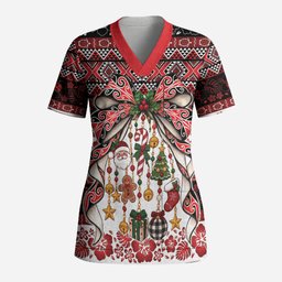 New Zealand Kowhaiwhai Taniko Christmas Bow Scrub Top Meri Kirihimete
