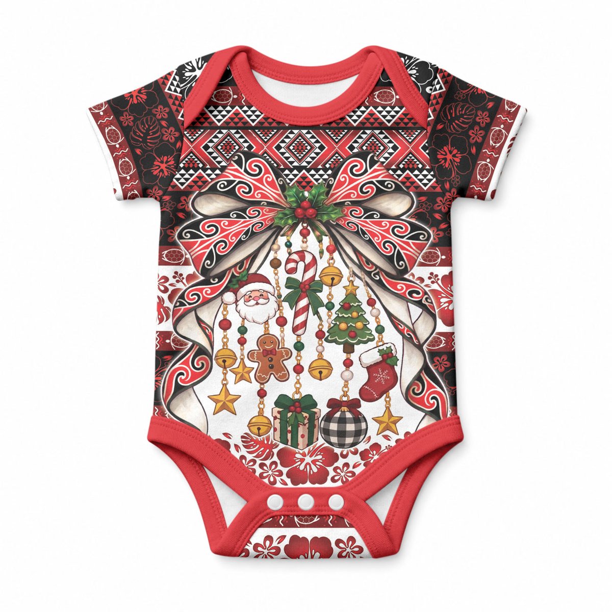 New Zealand Kowhaiwhai Taniko Christmas Bow Baby Onesie Meri Kirihimete