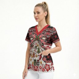New Zealand Kowhaiwhai Taniko Christmas Bow Scrub Top Meri Kirihimete
