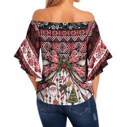 New Zealand Kowhaiwhai Taniko Christmas Bow Off Shoulder Wrap Waist Top Meri Kirihimete