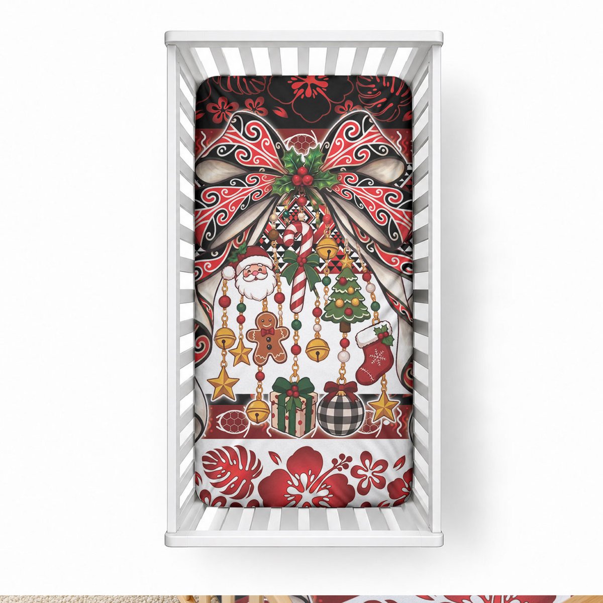 New Zealand Kowhaiwhai Taniko Christmas Bow Baby Bed Cover Meri Kirihimete