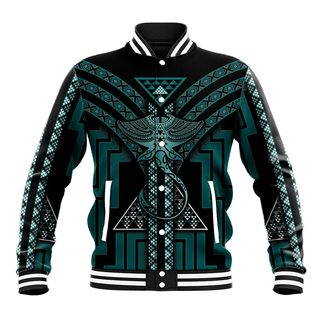 New Zealand Manta Ray Baseball Jacket Maori Tukutuku Taniko Motifs Teal