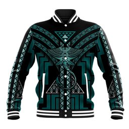 New Zealand Manta Ray Baseball Jacket Maori Tukutuku Taniko Motifs Teal