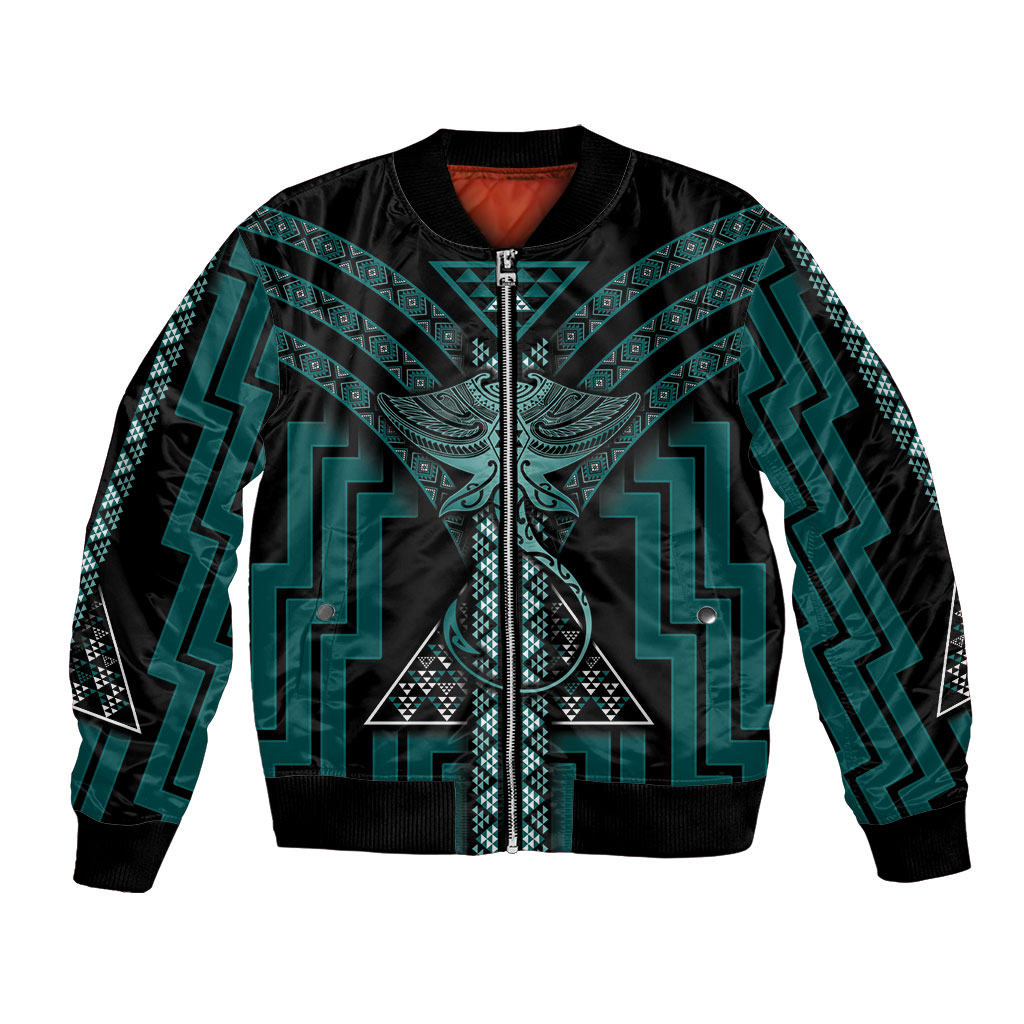 New Zealand Manta Ray Bomber Jacket Maori Tukutuku Taniko Motifs Teal