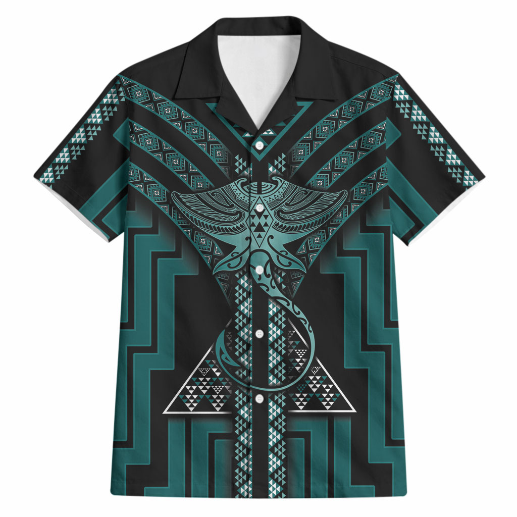 New Zealand Manta Ray Hawaiian Shirt Maori Tukutuku Taniko Motifs Teal
